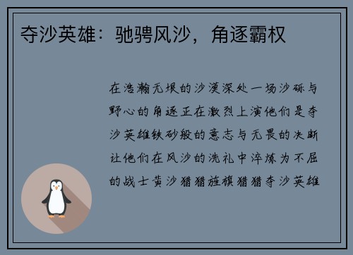 夺沙英雄：驰骋风沙，角逐霸权