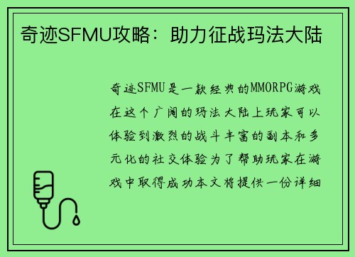 奇迹SFMU攻略：助力征战玛法大陆