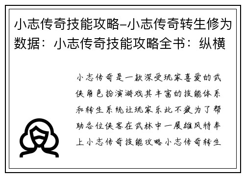 小志传奇技能攻略-小志传奇转生修为数据：小志传奇技能攻略全书：纵横江湖，技冠天下