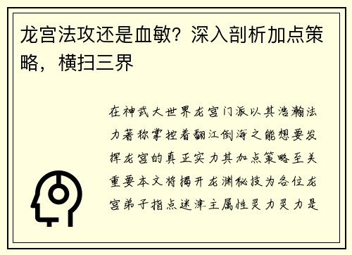 龙宫法攻还是血敏？深入剖析加点策略，横扫三界